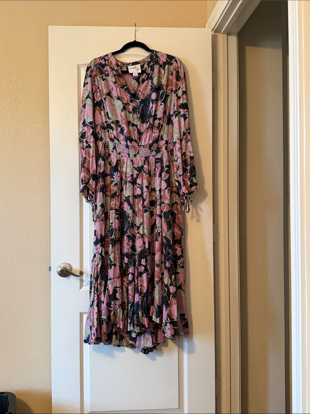 19. Sam Edelman Floral Pink and Green Midi Dress with Smocked Waist XL